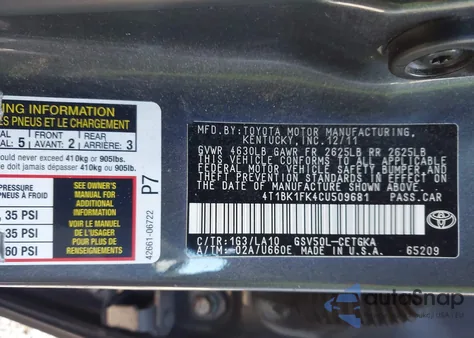 2012 Toyota Camry Xle V6 from USA, damaged, VIN 4T1BK1FK4CU509681